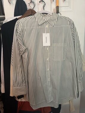 Frame White Button-Down Shirt with Green Stripes
